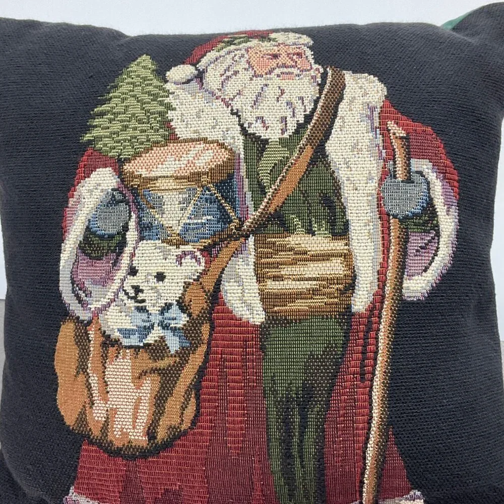 Vintage Christmas Santa Claus Black Tapestry Needlepoint Throw Pillow Green Back